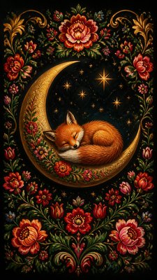 a sleeping baby fox curled on a crescent moon among soft stars, gentle and warm, no text