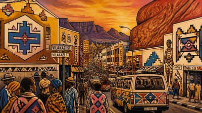 bustling city street panorama at dusk