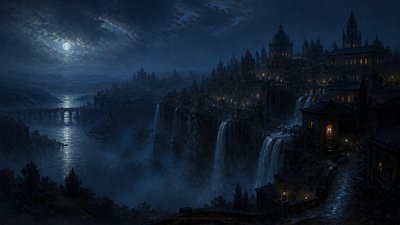 a cliffside city with waterfalls cascading into a misty canyon, wide establishing shot, no people, no text