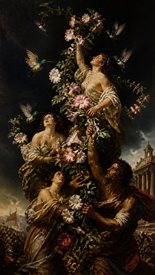a climbing vine of flowers and hummingbirds on a dark background, tall wrapping composition, no text
