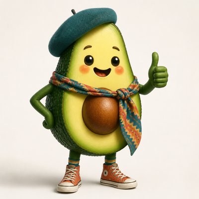 a happy avocado character giving a thumbs up, bold readable design on a plain background, no text