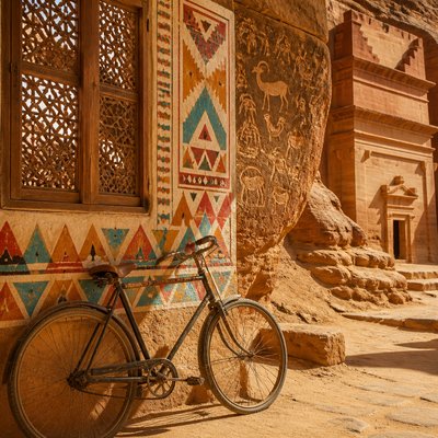 bicyle resting against a wall