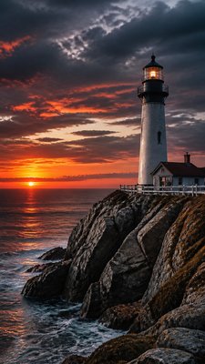 a lone lighthouse on a cliff at dusk under a dramatic sky, no text or lettering