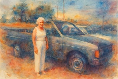 a painting of a woman standing next to a truck