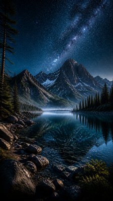 a tranquil mountain lake beneath a starry night sky, no people, no text