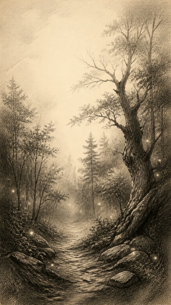 a mysterious forest path with fireflies and drifting mist, atmospheric vertical composition with open space at the top, no text