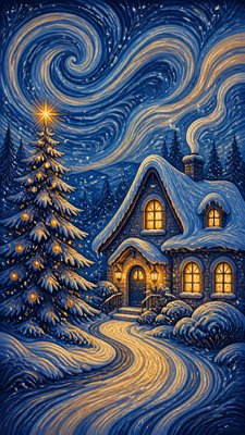 a snow-covered cottage with warm glowing windows beside a decorated pine tree, gentle snowfall, no text