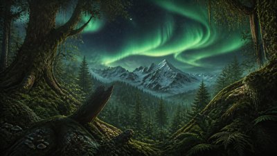 a flowing aurora over snowy peaks, wide sweeping composition, no people, no text