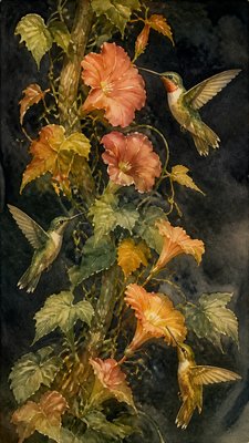a climbing vine of flowers and hummingbirds on a dark background, tall wrapping composition, no text
