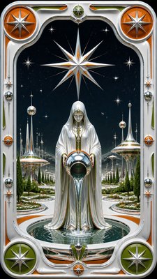 a robed figure pouring water beneath a large eight-pointed star in a night sky, symmetrical composition with an ornate decorative border, no text