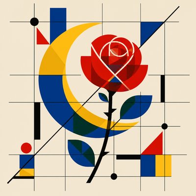 a rose entwined with a crescent moon, clean balanced composition on a plain background, no text