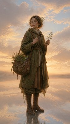 full-body original character: a wandering botanist with a satchel of plants, a patched green cloak, tall boots and round glasses, neutral background