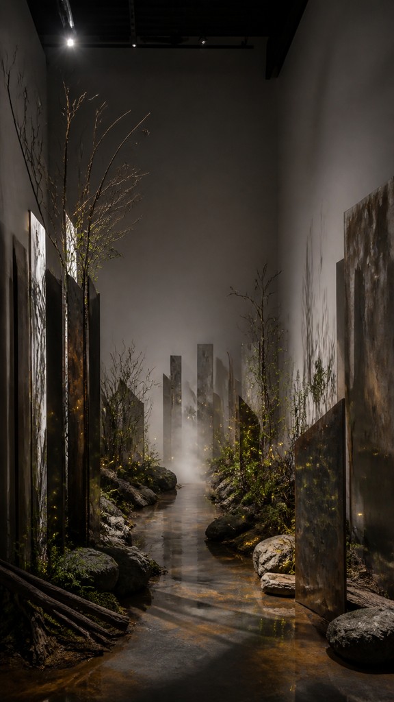 a mysterious forest path with fireflies and drifting mist, atmospheric vertical composition with open space at the top, no text