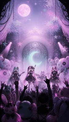 a live music scene with a glowing stage and silhouetted crowd, energetic vertical composition with open space at the top, no text