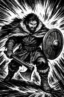 a drawing of a man with a sword and shield