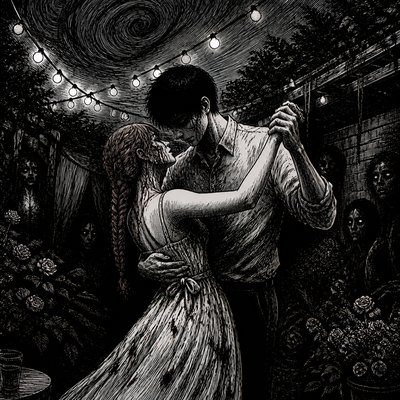 an original couple dancing under string lights in a garden at dusk: a man with short black hair in a linen shirt and a woman with braided red hair in a summer dress