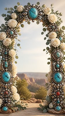 an arch of white roses and eucalyptus in soft morning light, elegant vertical composition with open space, no text
