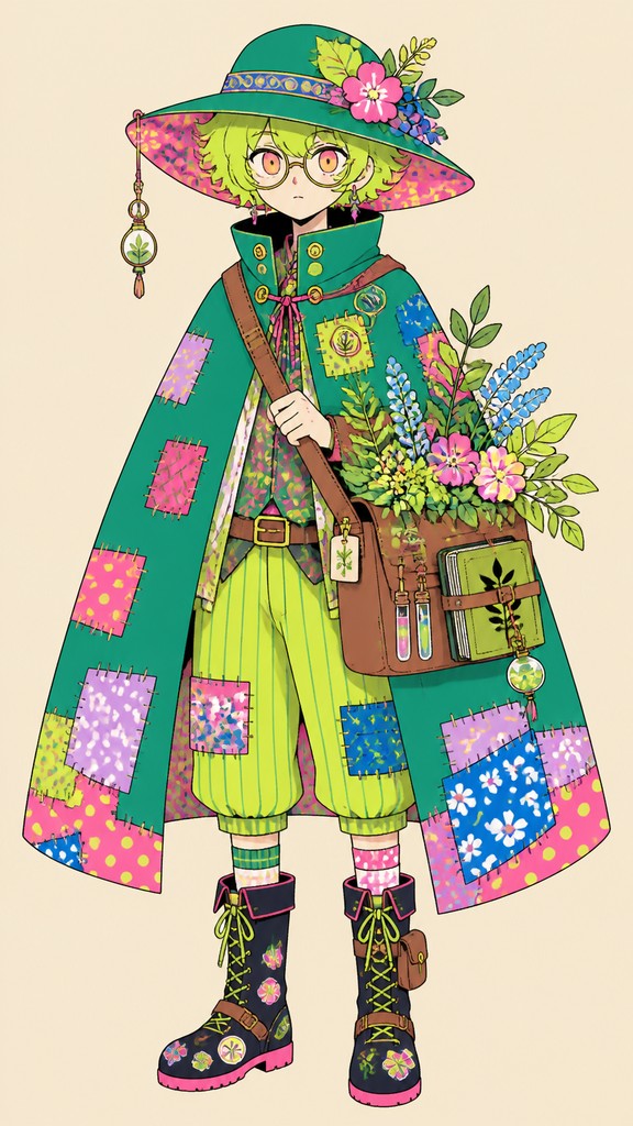 full-body original character: a wandering botanist with a satchel of plants, a patched green cloak, tall boots and round glasses, neutral background
