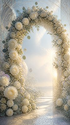 an arch of white roses and eucalyptus in soft morning light, elegant vertical composition with open space, no text