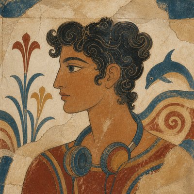 head-and-shoulders portrait of an original character: a young man with curly dark hair and headphones around his neck, plain backdrop, no text