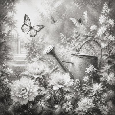 a garden scene with butterflies, flowers and a watering can, clean uncolored line art, no text
