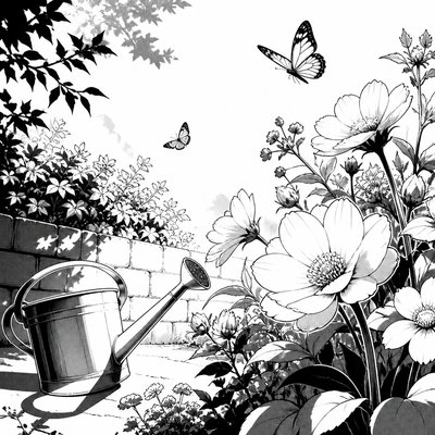a garden scene with butterflies, flowers and a watering can, clean uncolored line art, no text