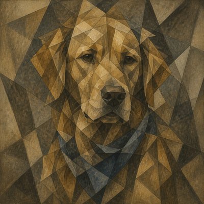 portrait of a golden retriever wearing a blue bandana, warm plain backdrop, no text