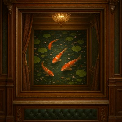 A koi pond seen from above, orange and white koi fish swimming among lily pads, clear water with subtle ripples, fallen cherry blossom petals floating on the surface, dappled sunlight