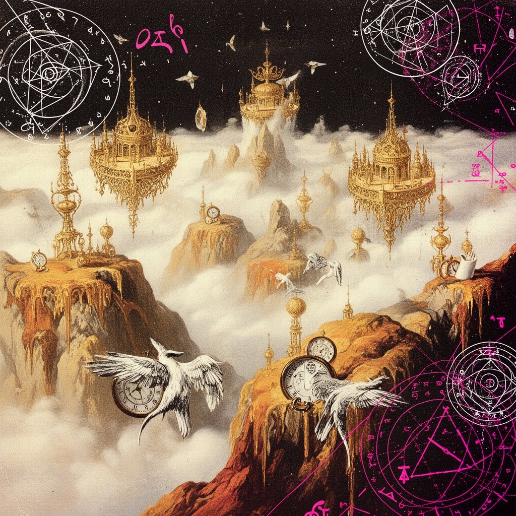 Create a surrealist artwork in high definition, blending gold and white tones. Depict ethereal, dreamlike landscapes with shimmering golden structures-like floating palaces or delicate filigree towers-emerging from a misty, white void. Add surreal elements, such as clocks melting over golden cliffs or white-winged creatures with metallic feathers, inspired by Dalí's style. Ensure vibrant contrast between the radiant gold and crisp, luminous white, with smooth textures and intricate details for a hyper-realistic yet fantastical effect.