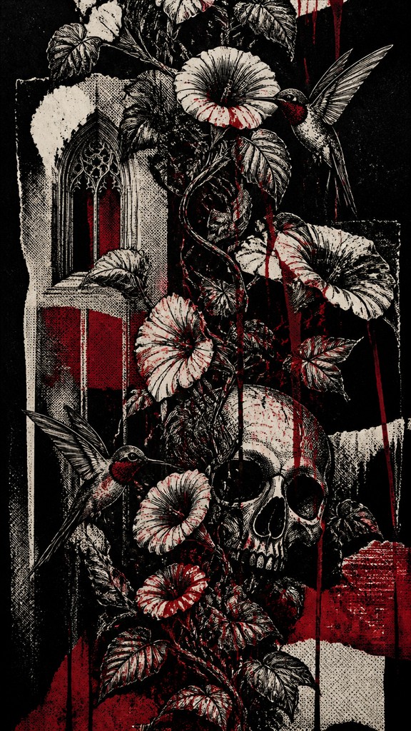 a climbing vine of flowers and hummingbirds on a dark background, tall wrapping composition, no text