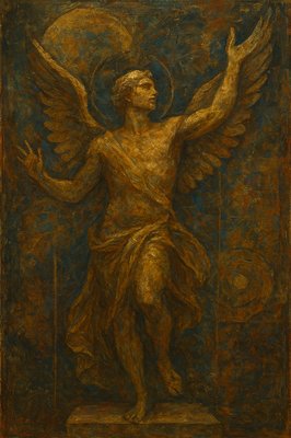 a painting of an angel holding a staff