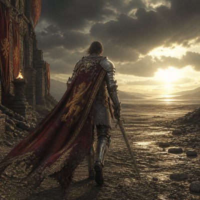 a solitary figure walking toward a glowing horizon across an empty plain, moody atmosphere, no text or lettering