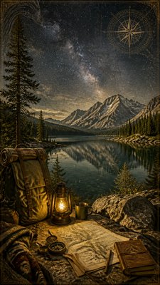 a tranquil mountain lake beneath a starry night sky, no people, no text