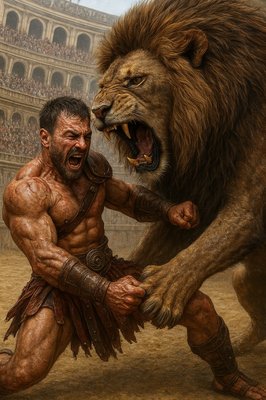 a painting of a man being attacked by a lion