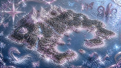 a map of an island realm with mountains, forests, a sheltered bay, sea monsters in the water and a compass rose, no text labels