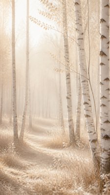 a serene birch forest in soft morning light, no people, no text