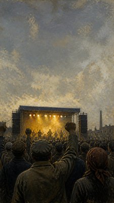 a live music scene with a glowing stage and silhouetted crowd, energetic vertical composition with open space at the top, no text