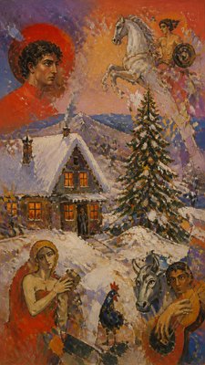 a snow-covered cottage with warm glowing windows beside a decorated pine tree, gentle snowfall, no text
