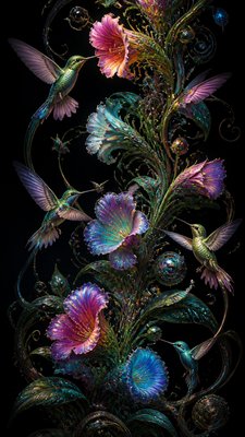 a climbing vine of flowers and hummingbirds on a dark background, tall wrapping composition, no text