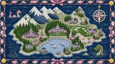 a map of an island realm with mountains, forests, a sheltered bay, sea monsters in the water and a compass rose, no text labels