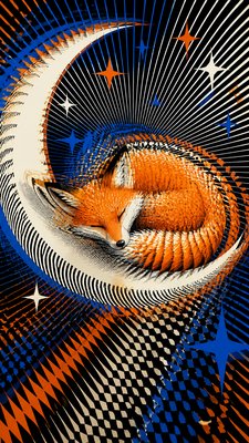 a sleeping baby fox curled on a crescent moon among soft stars, gentle and warm, no text