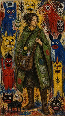 full-body original character: a wandering botanist with a satchel of plants, a patched green cloak, tall boots and round glasses, neutral background