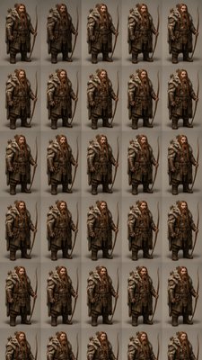 full-body original character: a dwarven ranger with a braided auburn beard, worn leather armor, a longbow and a wolf-pelt cloak, neutral background, no text