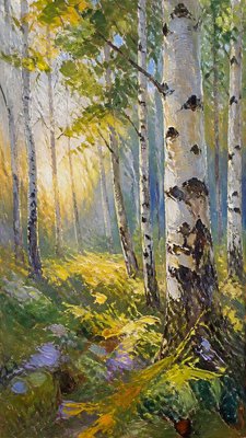 a serene birch forest in soft morning light, no people, no text