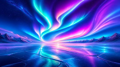 a sweeping aurora over a frozen lake, no people