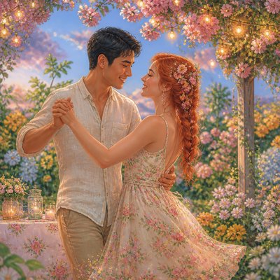 an original couple dancing under string lights in a garden at dusk: a man with short black hair in a linen shirt and a woman with braided red hair in a summer dress