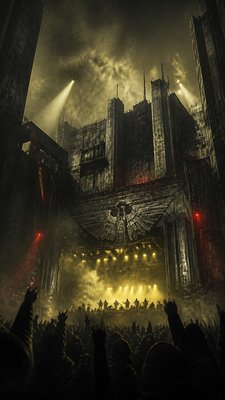 a live music scene with a glowing stage and silhouetted crowd, energetic vertical composition with open space at the top, no text