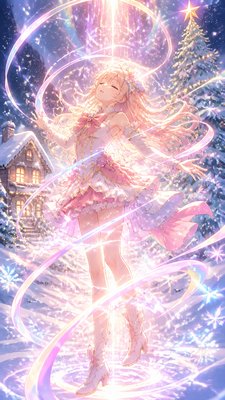 a snow-covered cottage with warm glowing windows beside a decorated pine tree, gentle snowfall, no text