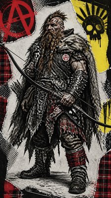 full-body original character: a dwarven ranger with a braided auburn beard, worn leather armor, a longbow and a wolf-pelt cloak, neutral background, no text