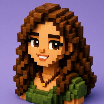 head-and-shoulders portrait of an original character: a young woman with wavy chestnut hair and a warm smile, plain soft backdrop